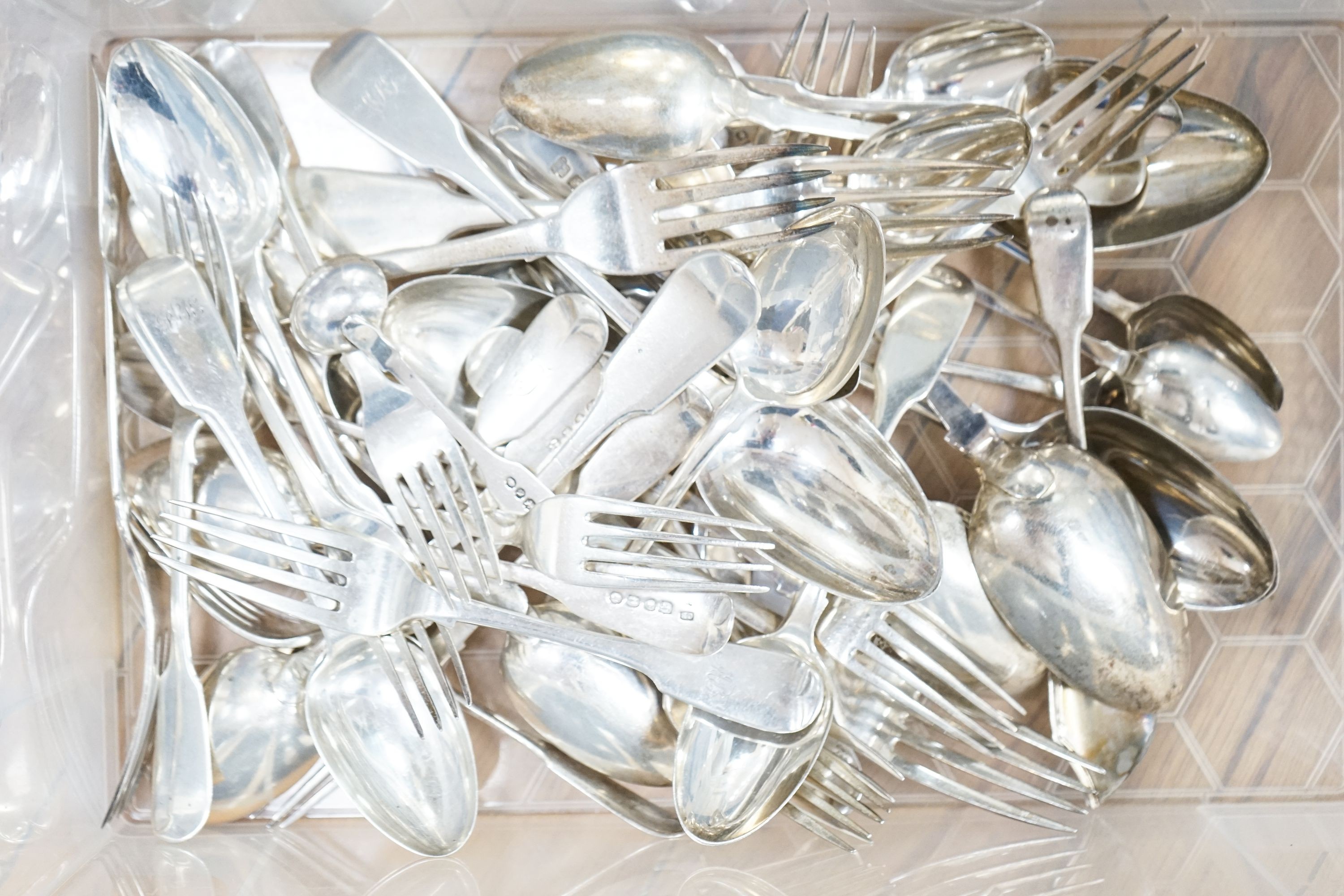 A mixed quantity of assorted mainly 19th century silver flatware, various dates, maker's and patterns, 65.5 oz.